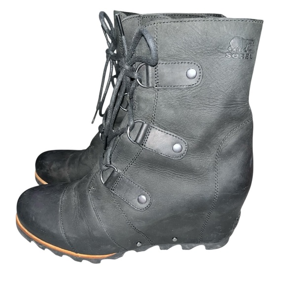 Sorel Black Nubuck Leather Joan Of Arctic Wedge Lace Up Boots size 11 - Picture 4 of 9